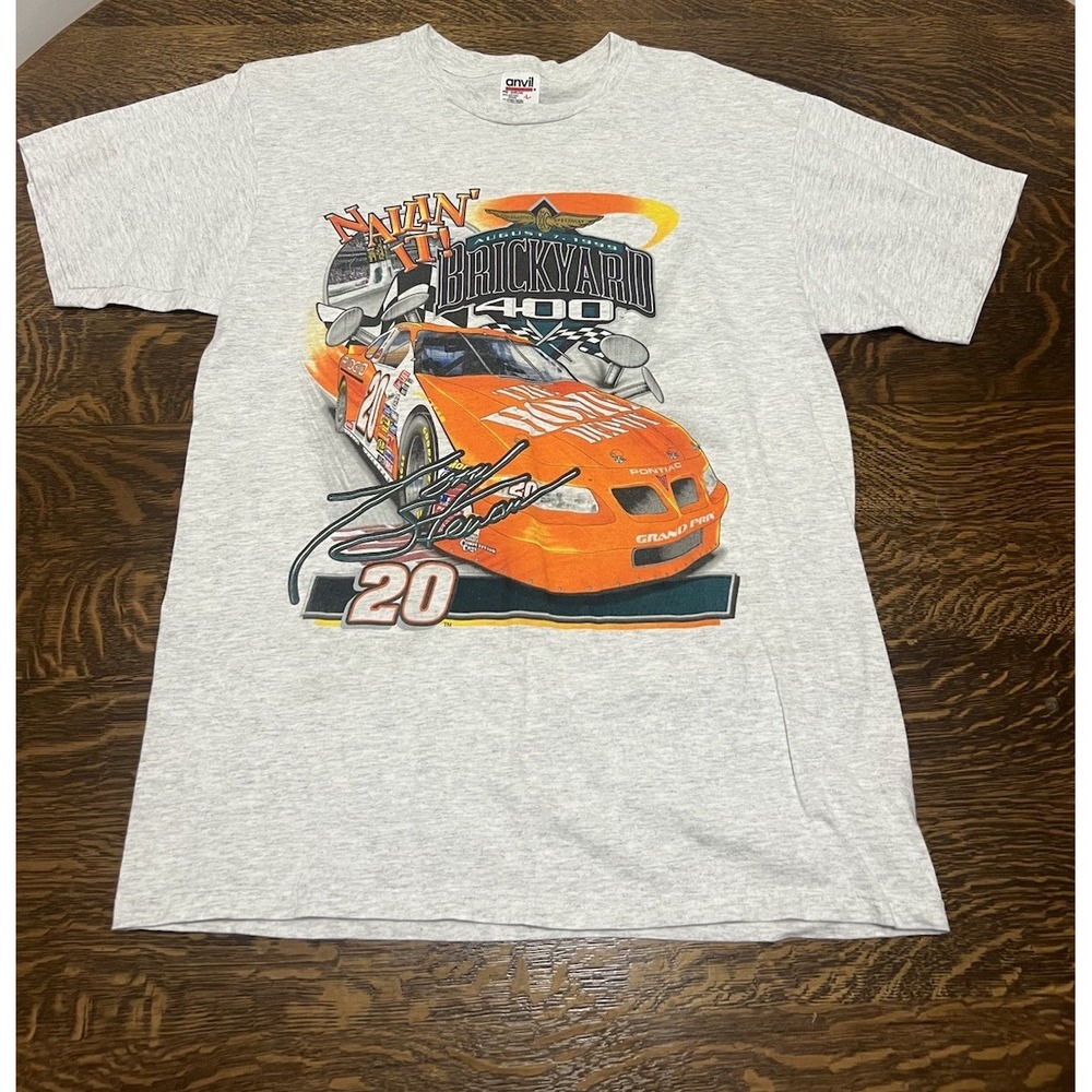 Vintage 90s Tony Stewart NASCAR Brickyard 400 Shirt Mens L Front Back Graphics